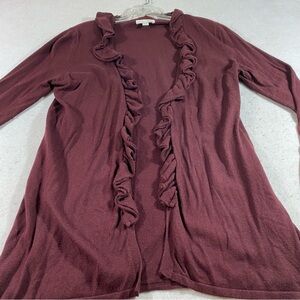 NY&Co. Open Ruffled Long Cardigan Sweater Long Line Burgundy Long Sleeves Large